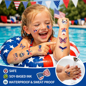 Close-up of TATUWST temporary tattoo sheet with patriotic designs