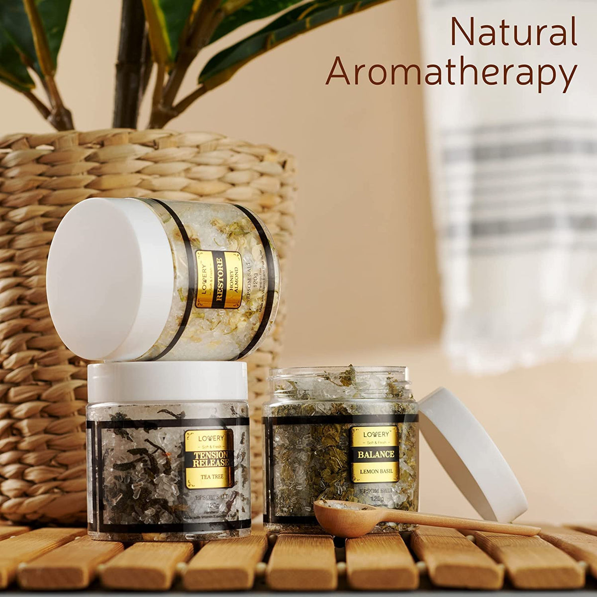 Close-up of Tea Tree Epsom Salt jar from LOVERY