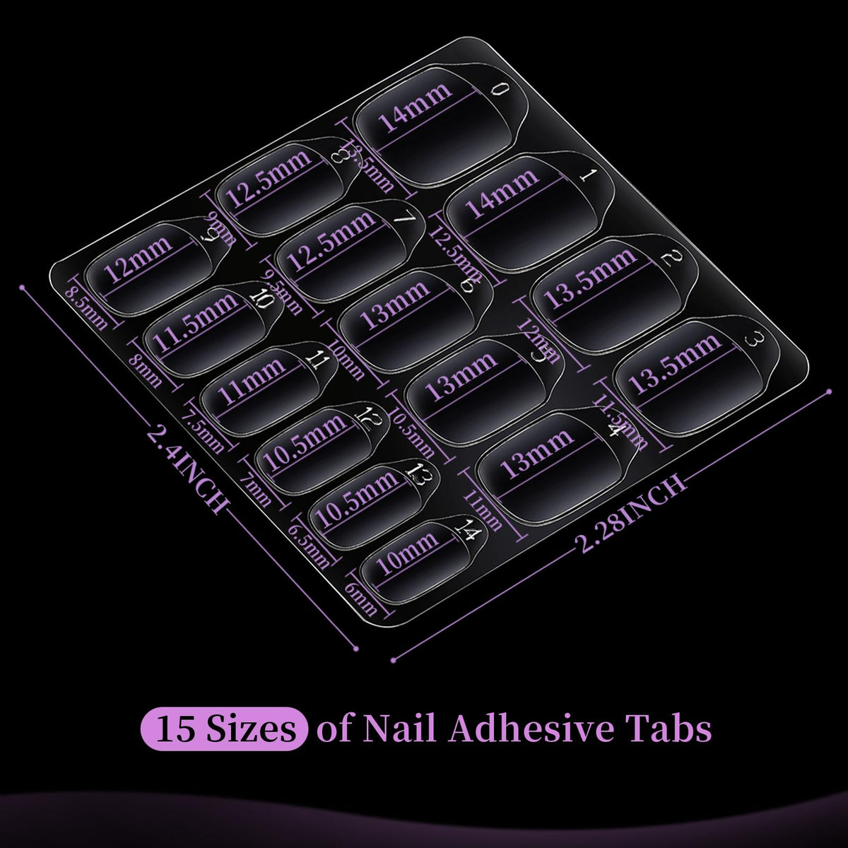 Close-up of Teenitor Nail Adhesive Tabs showing different sizes