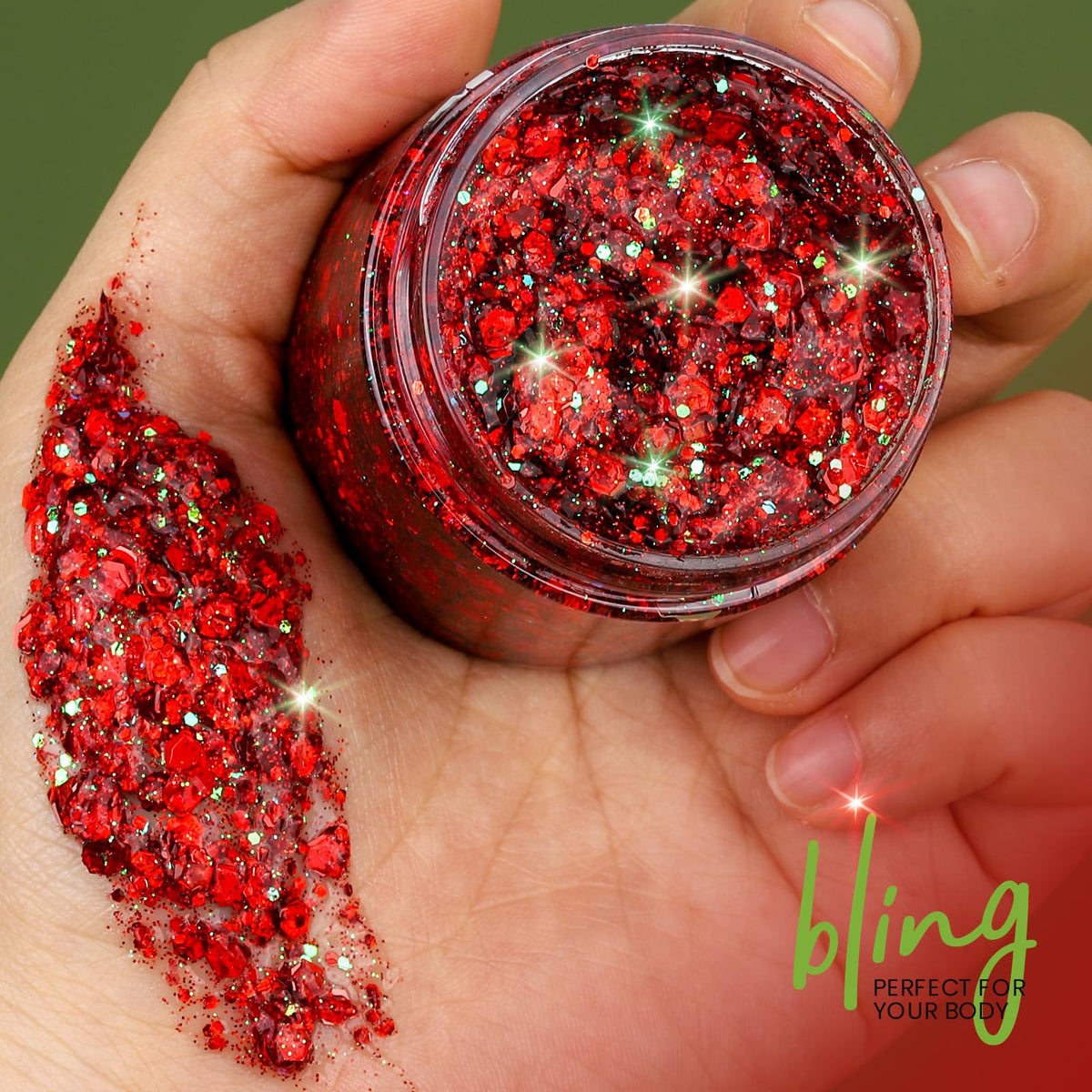 Close-up of Teenitor red glitter gel on skin