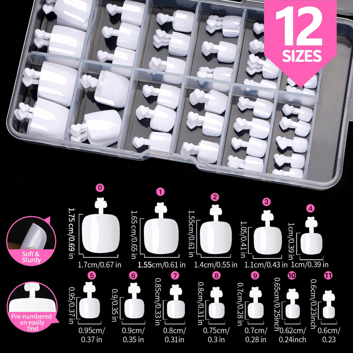 Close-up of Teenitor white toenail tips in various sizes