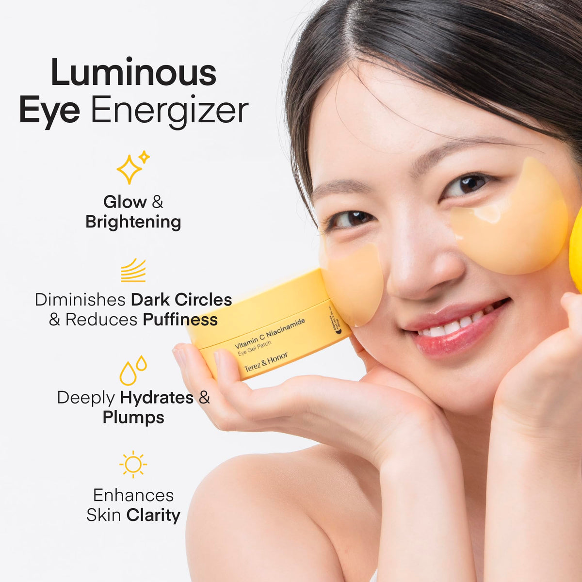 Close-up of TEREZ & HONOR eye patches with packaging