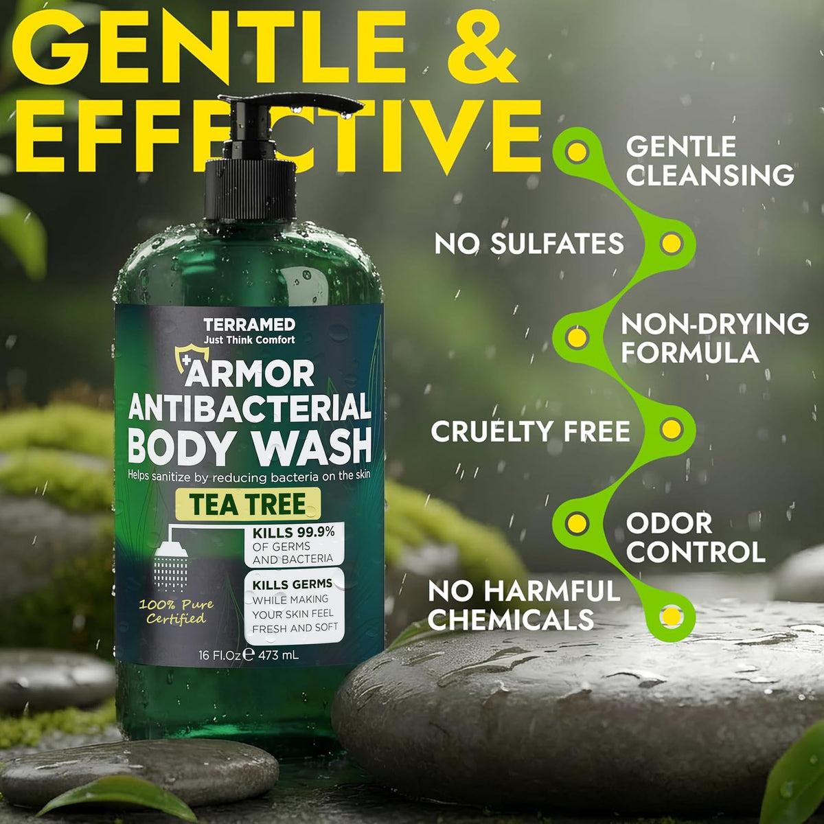 Close-up of Terramed body wash bottle showing tea tree oil label