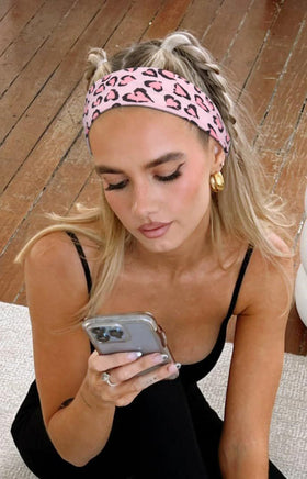 Close-up of TERSE Leopard Headband showing stretchy fabric