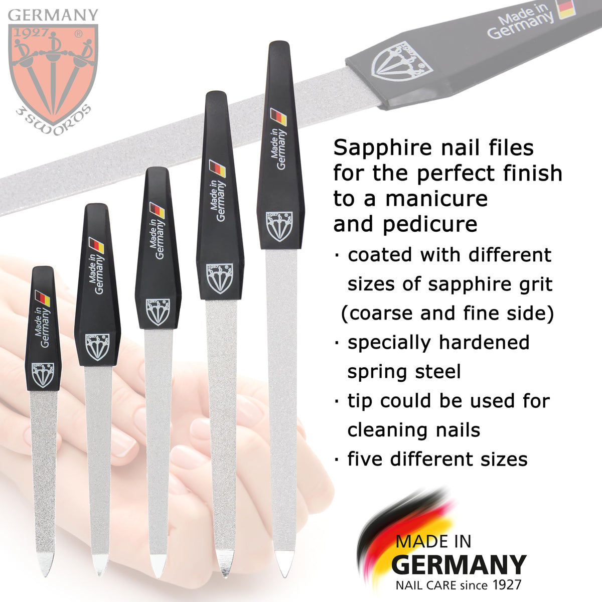 Close-up of the 3 Swords Germany nail file with sapphire coating