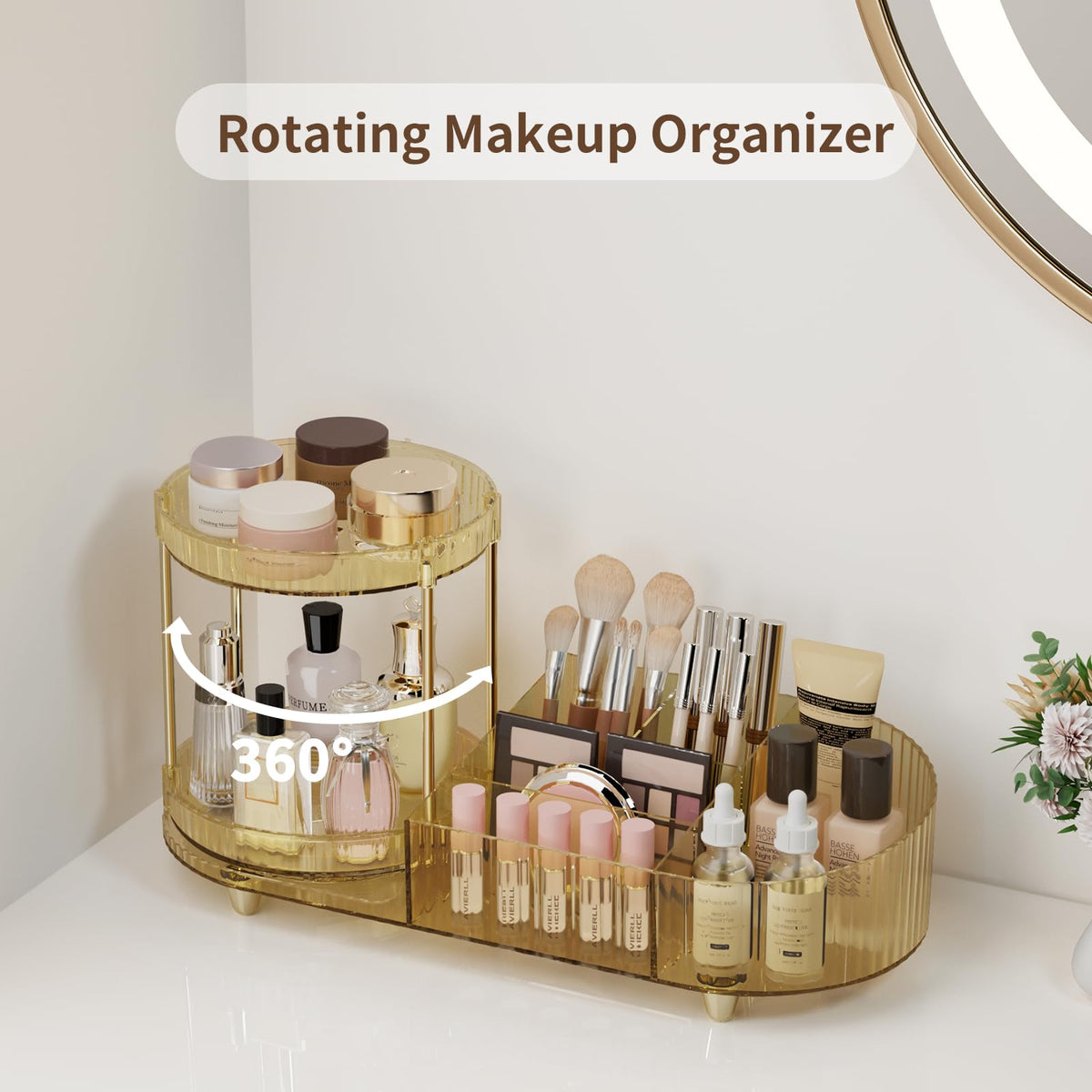 Close-up of the 360 rotating feature of the makeup organizer