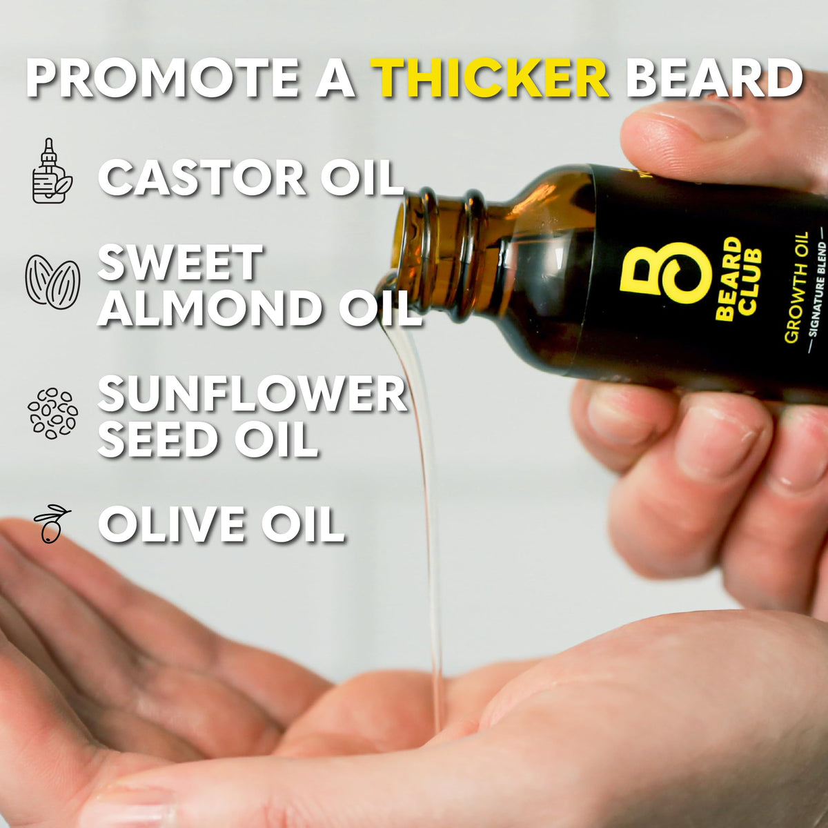 Close-up of The Beard Club Beard Growth Oil bottle showing ingredients