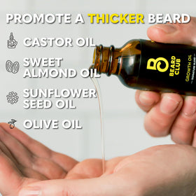 Close-up of The Beard Club Beard Growth Oil bottle showing ingredients