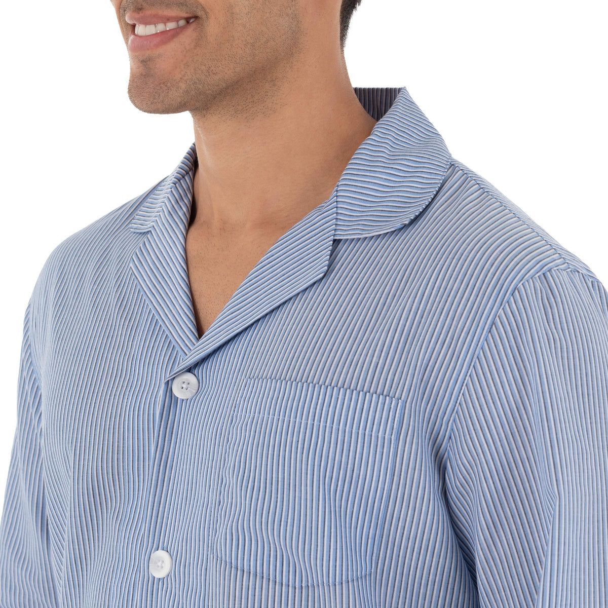 Close-up of the button-front shirt and collar of the pajama set