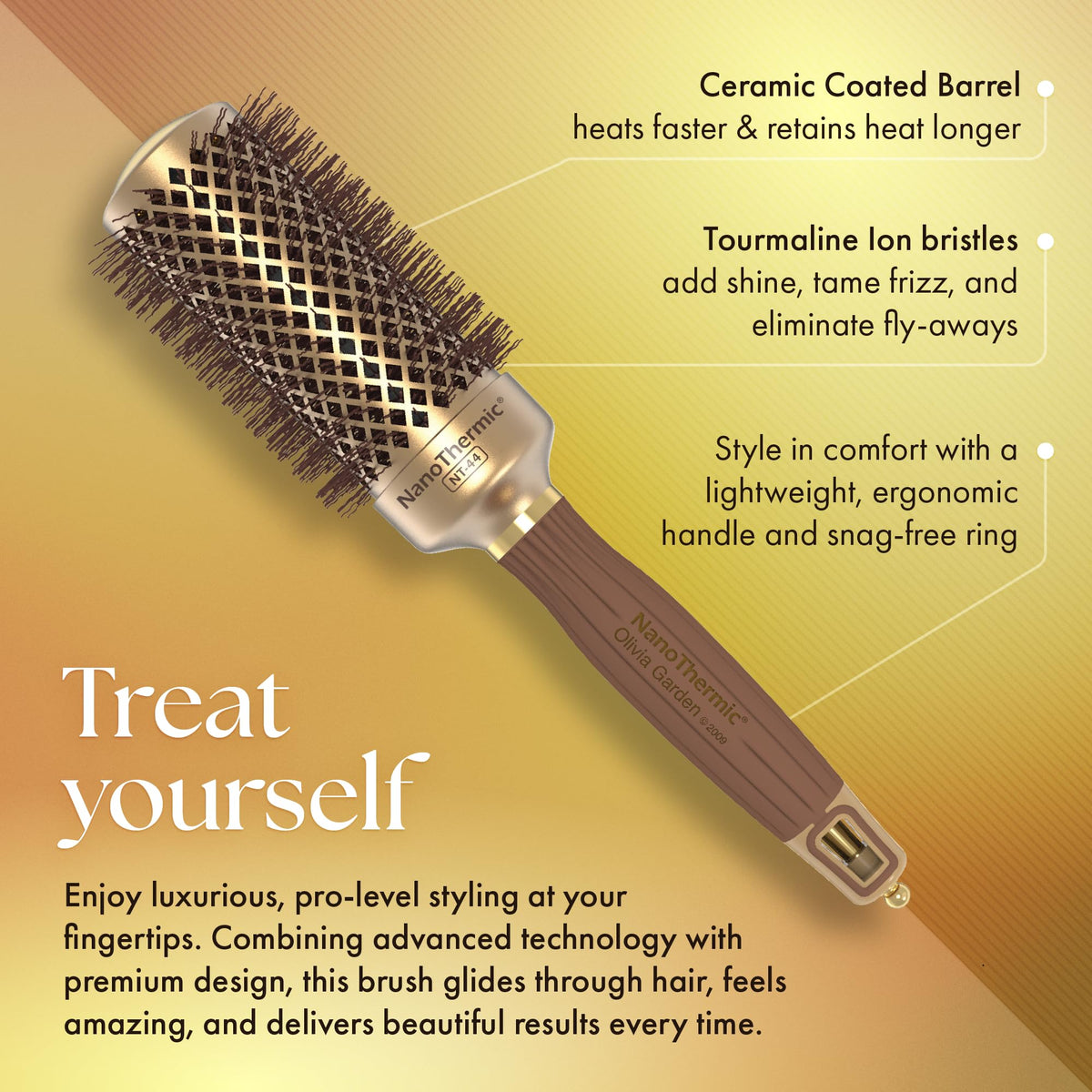 Close-up of the ceramic barrel on the Olivia Garden round brush