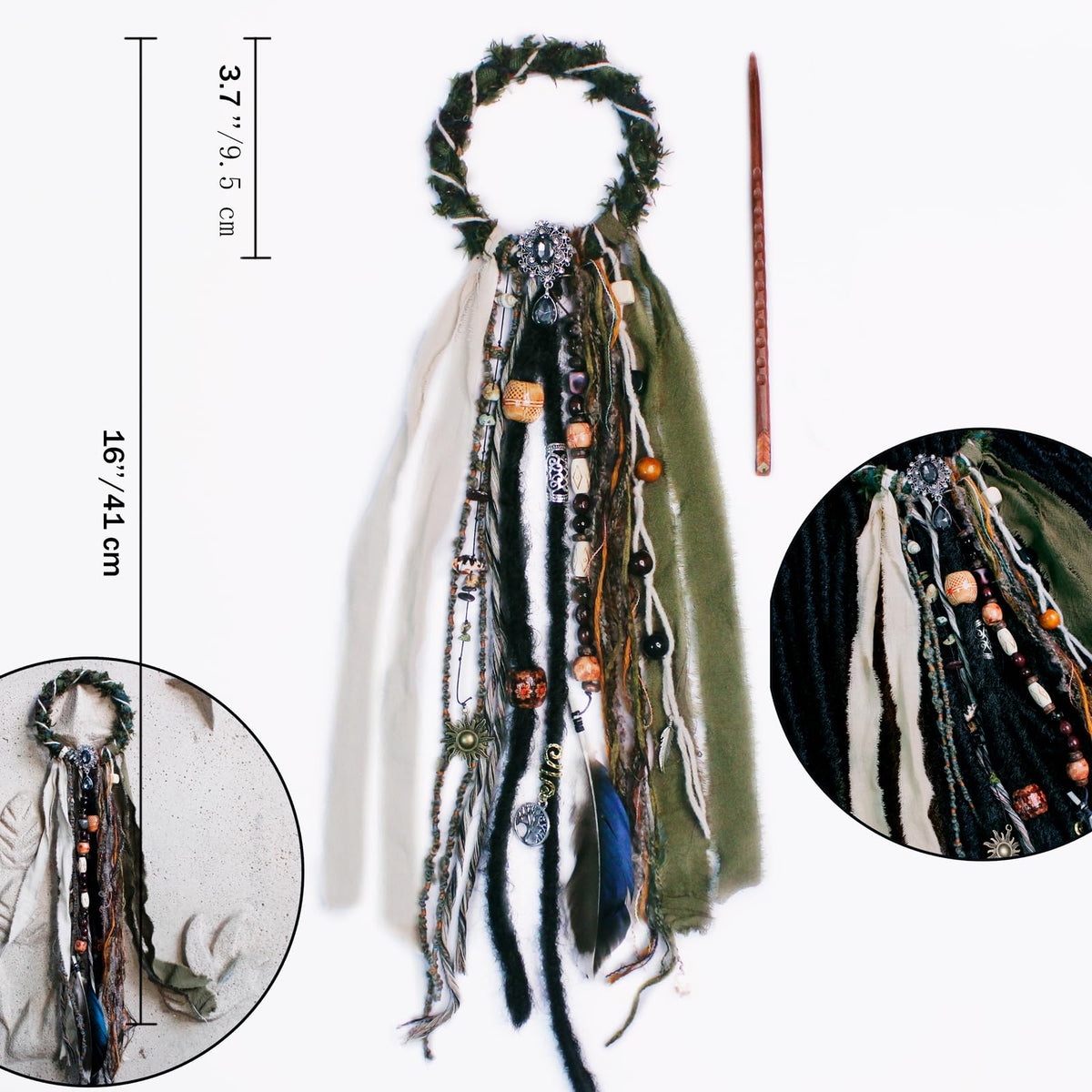 Close-up of the dreadlock hair tie showcasing the fabric and metal accessories