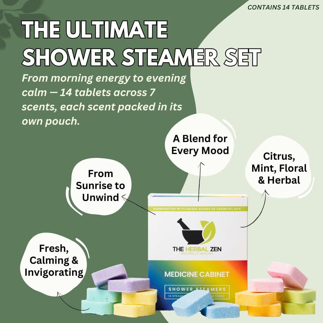 Close-up of The Herbal Zen Shower Steamer tablet on a shower floor