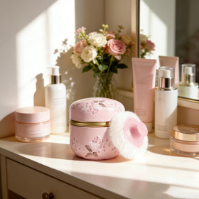Close-up of the large powder puff with handle