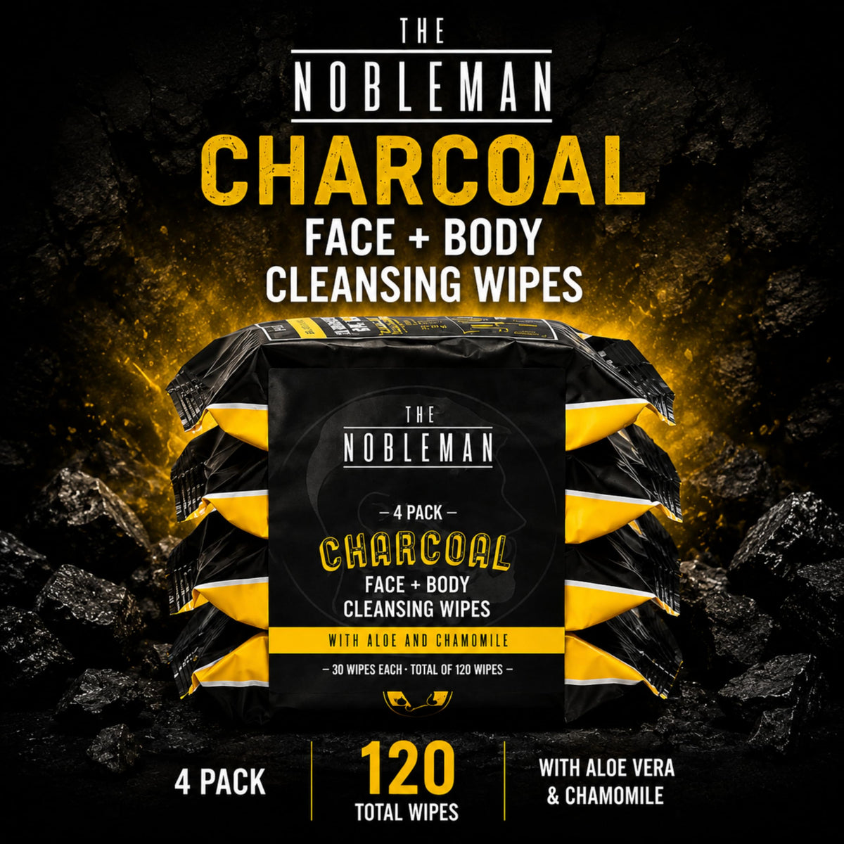 Close-up of The Nobleman Men's Charcoal Cleansing Wipes packaging
