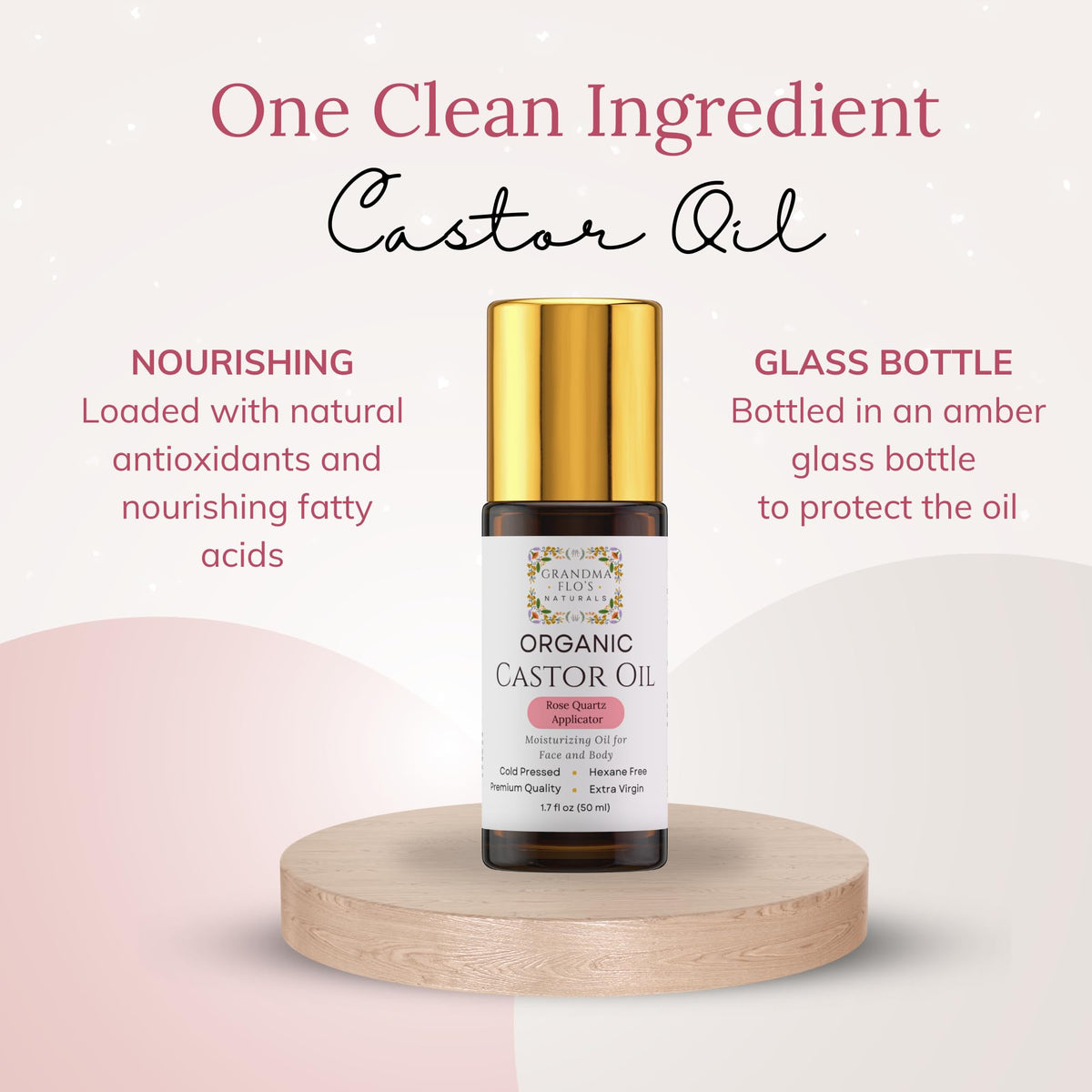 Close-up of the rose quartz rollerball on Grandma Flo's Naturals castor oil
