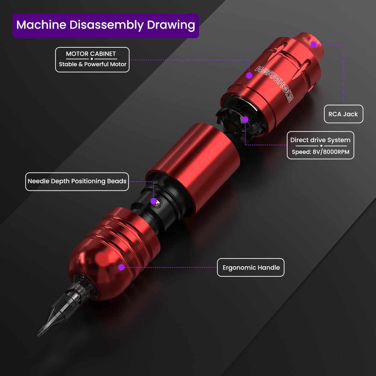 Close-up of the rotary tattoo pen from Wormhole Tattoo Kit