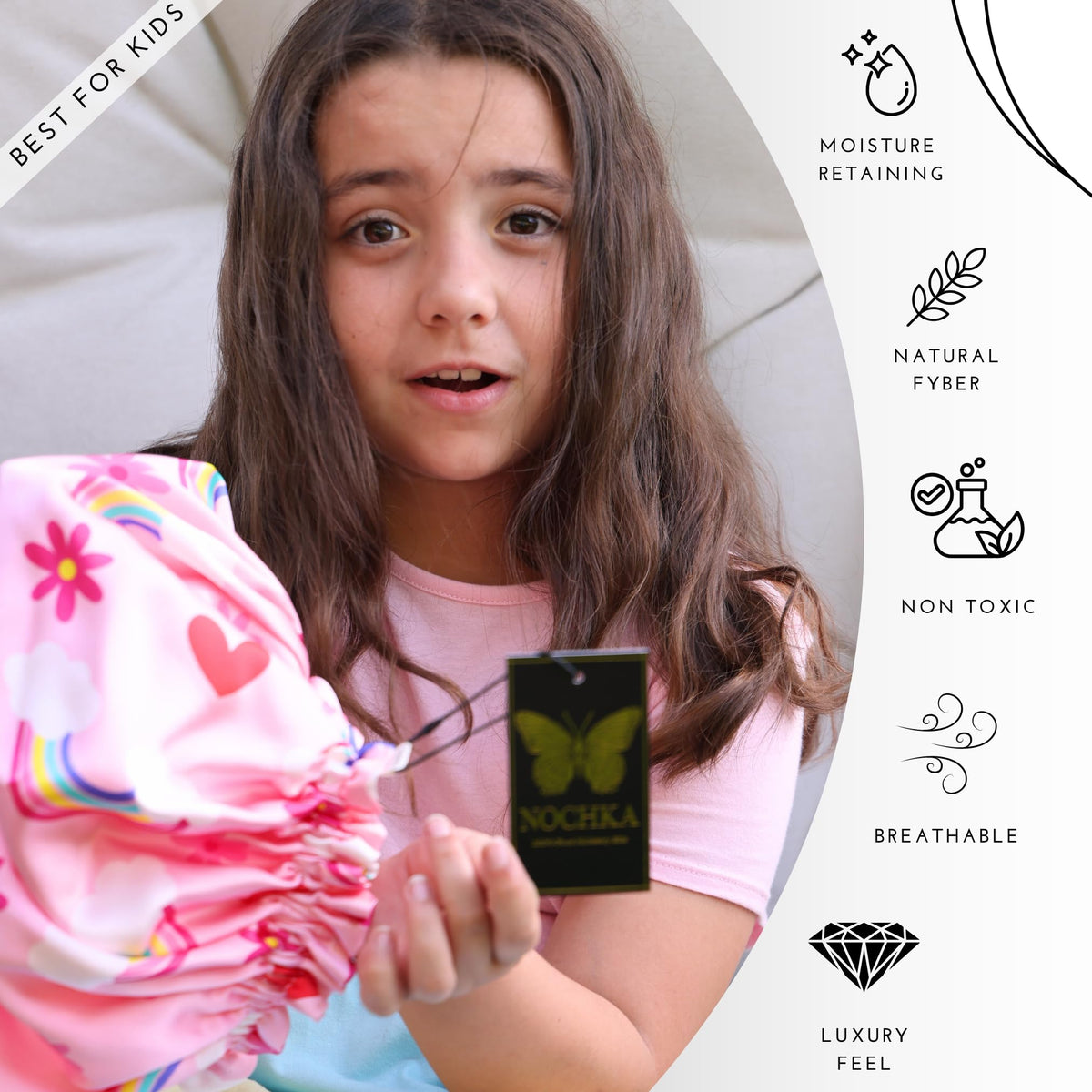 Close-up of the soft elastic band of the Kids Silk Sleep Bonnet