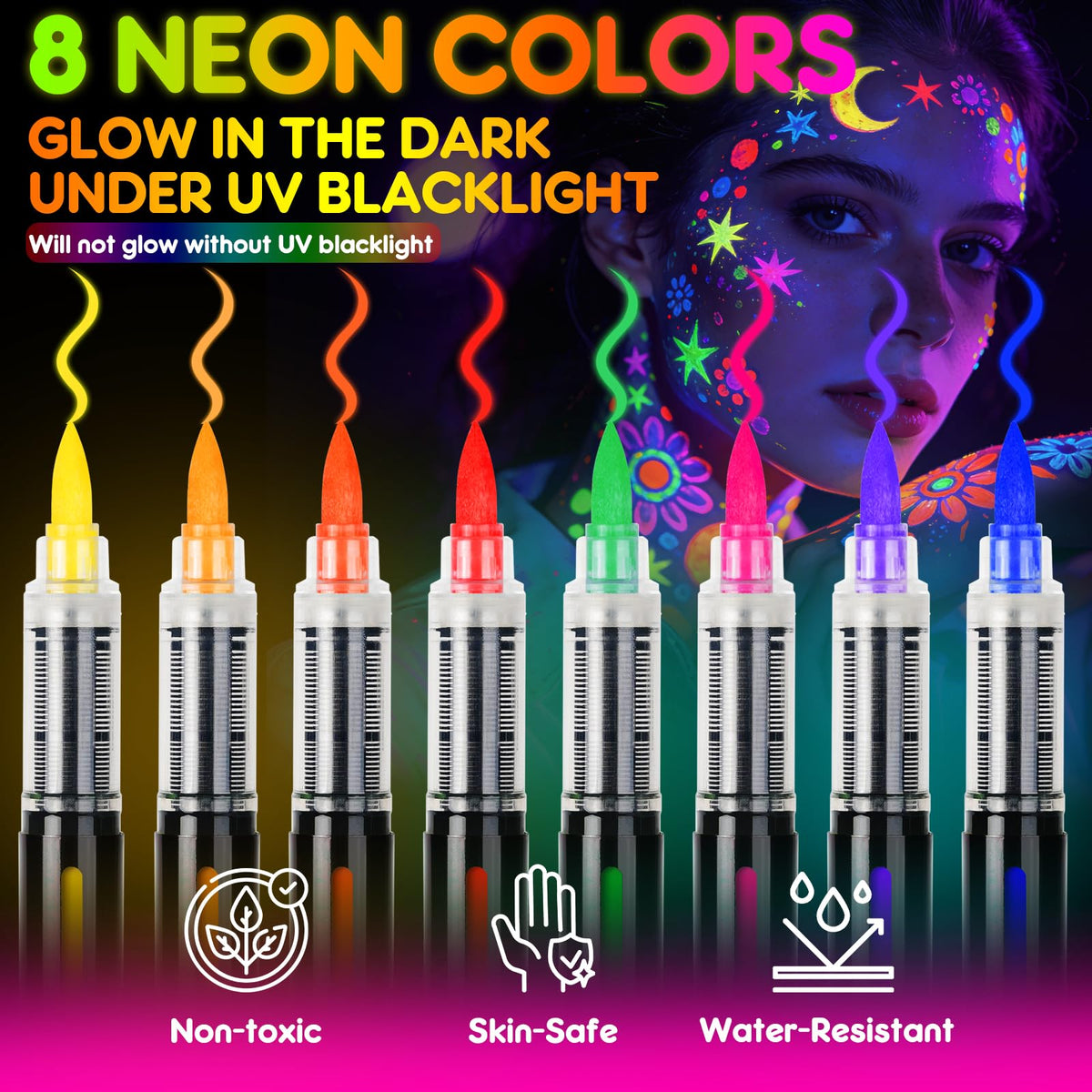 Close-up of ThEast UV Blacklight Face Paint marker tips