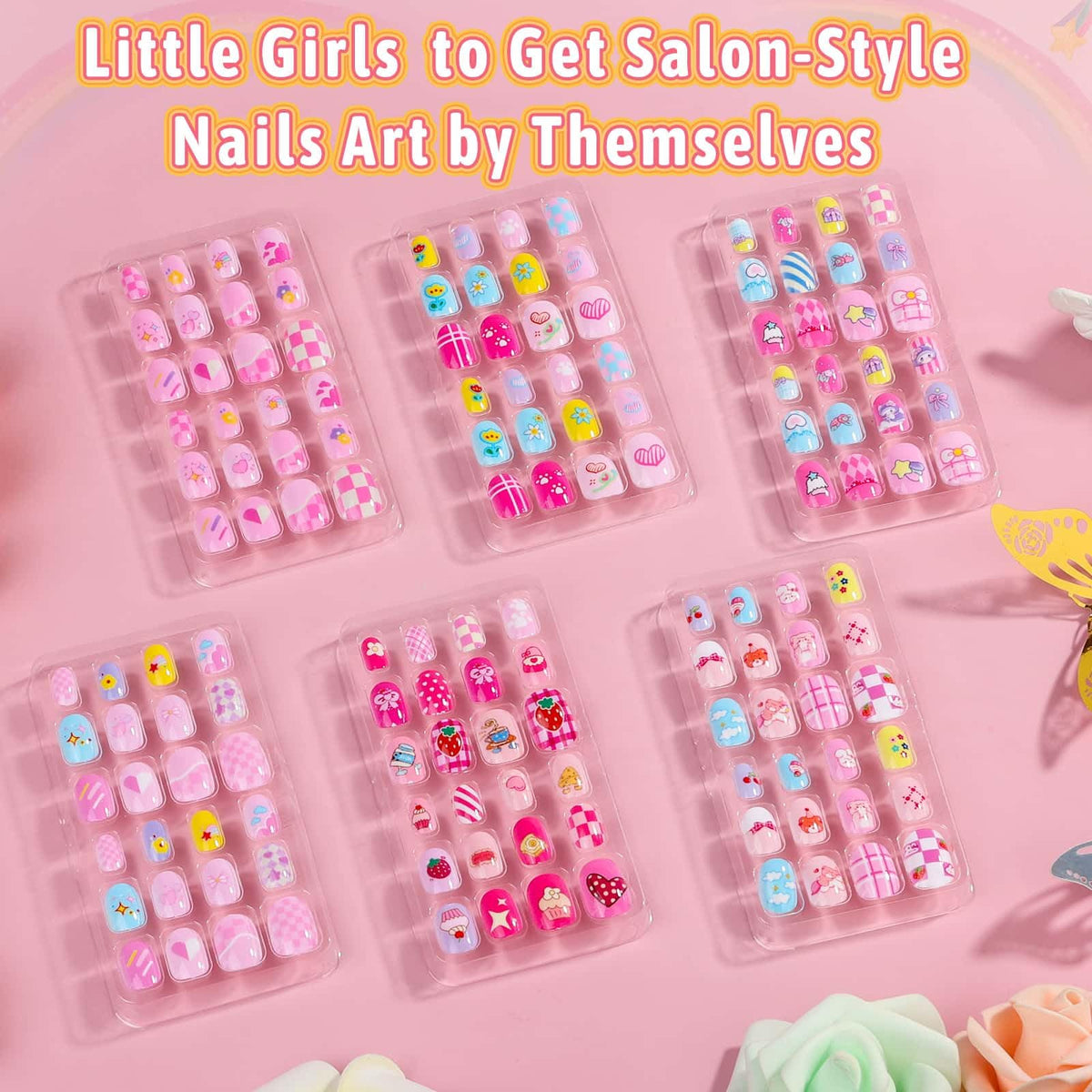 Close-up of Thrilez kids fake nails showing flower and unicorn patterns