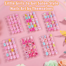 Close-up of Thrilez kids fake nails showing flower and unicorn patterns