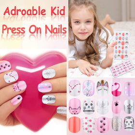 Close-up of Thrilez Kids Press on Nails in pink and gold patterns