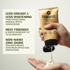 Close-up of Thrive Natural Care Reef Safe Sunscreen SPF50 tube showing ingredients