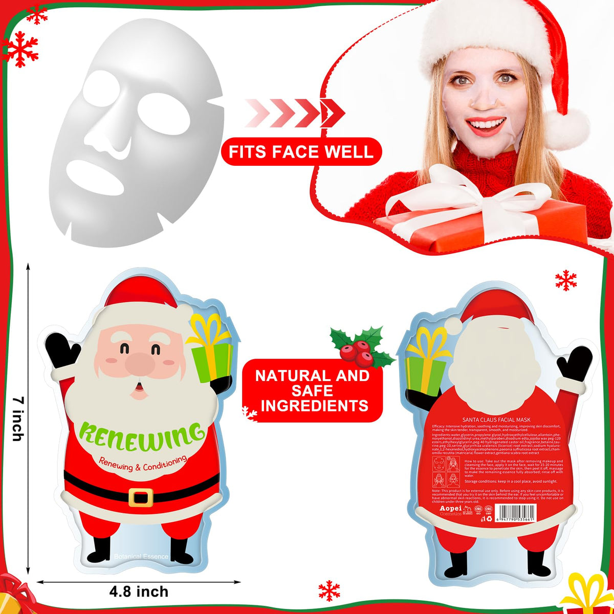 Close-up of Timgle Christmas facial masks featuring Santa Claus