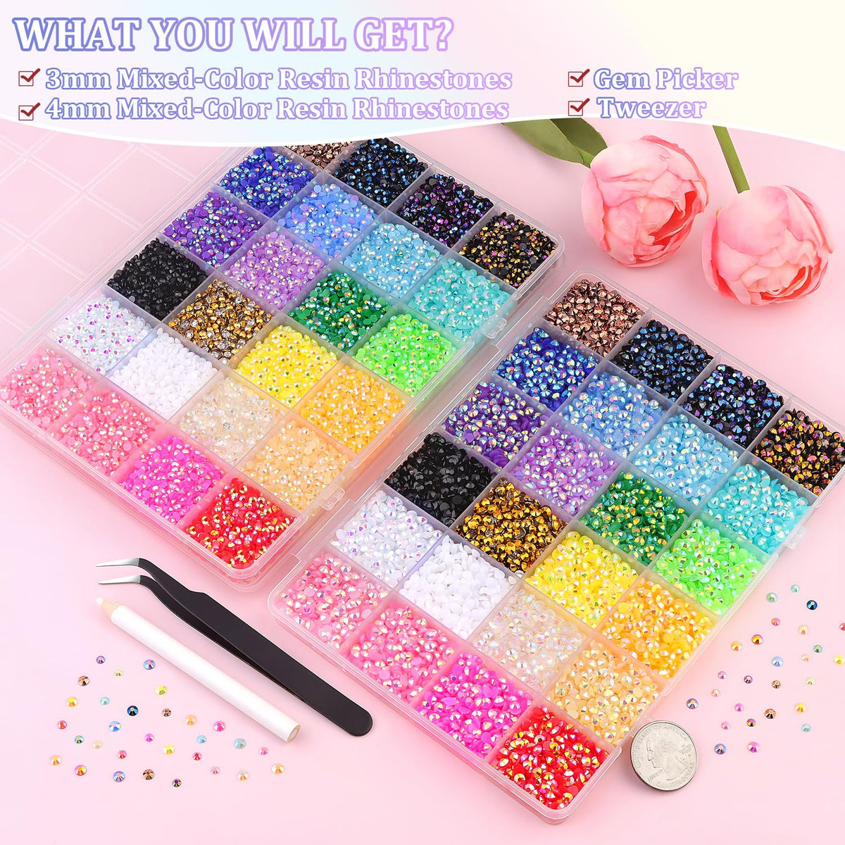 Close-up of TINKRSTUFF 3mm and 4mm mixed-color rhinestones