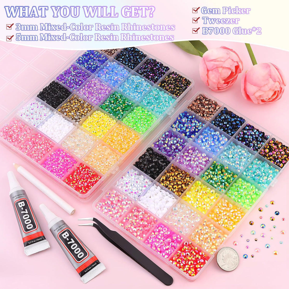 Close-up of TINKRSTUFF 3mm and 5mm mixed-color rhinestones