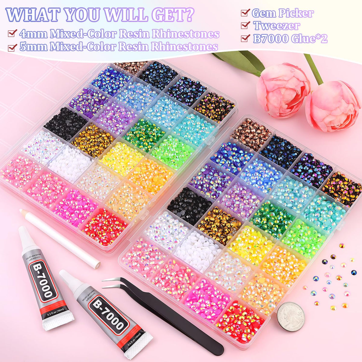 Close-up of TINKRSTUFF 4mm and 5mm resin rhinestones in vibrant colours