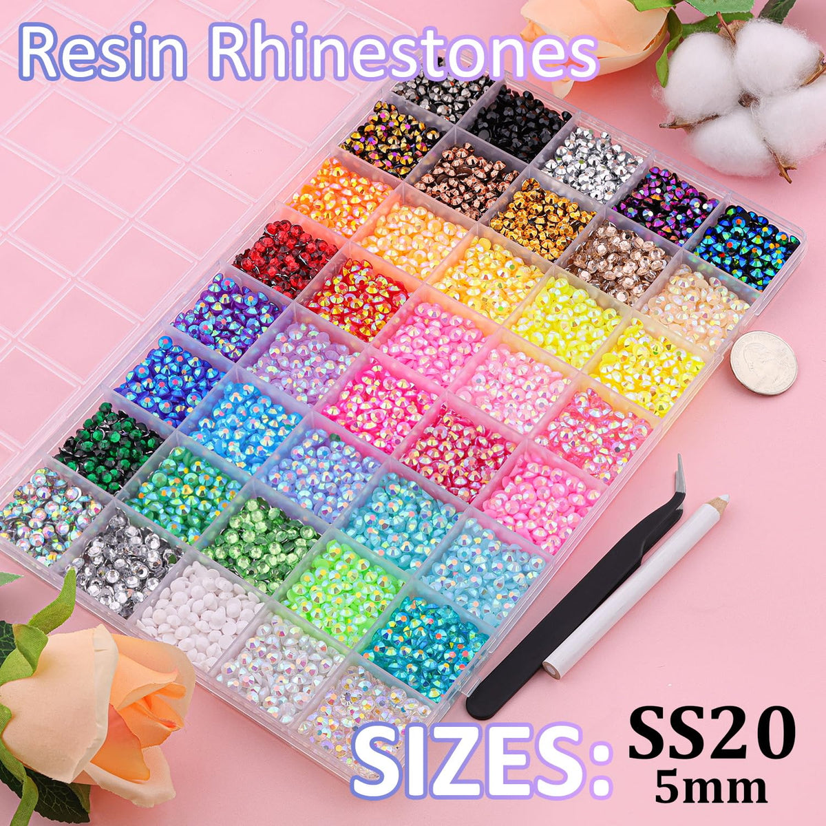 Close-up of TINKRSTUFF 5mm resin rhinestones in various colours