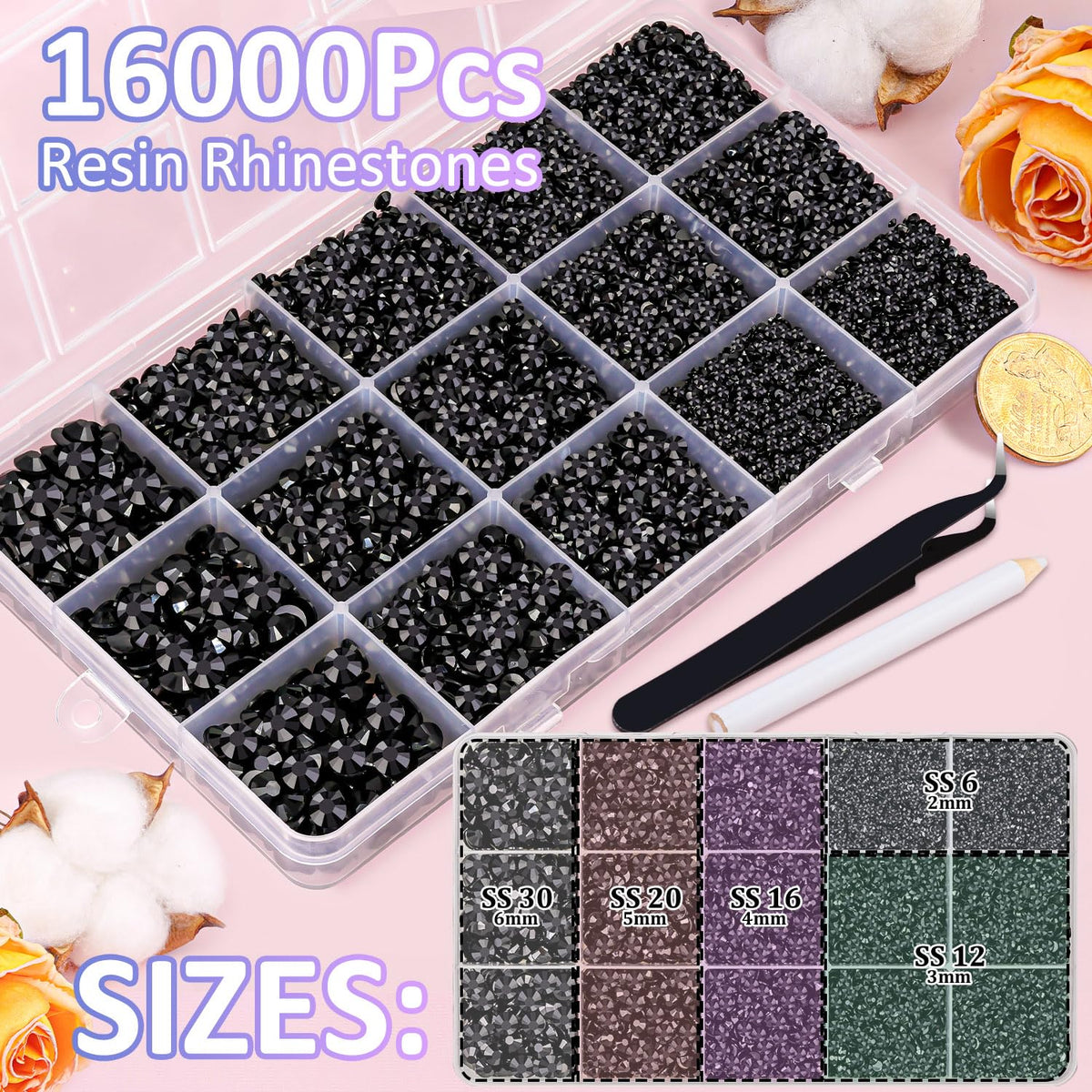Close-up of TINKRSTUFF black rhinestones in various sizes
