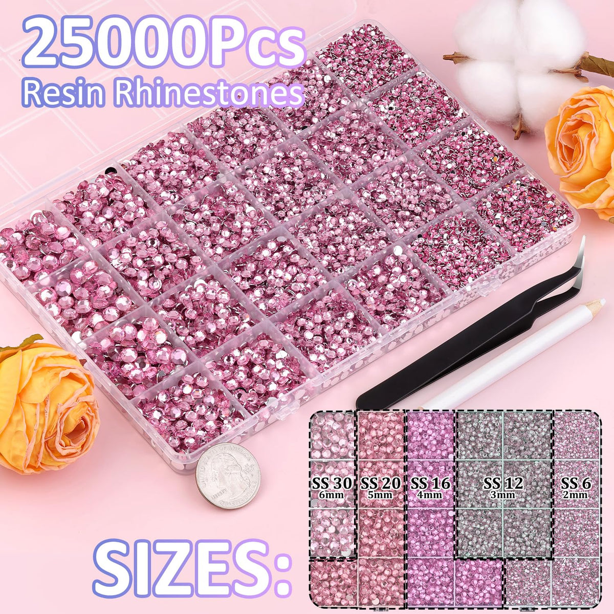 Close-up of TINKRSTUFF dark pink rhinestones in various sizes