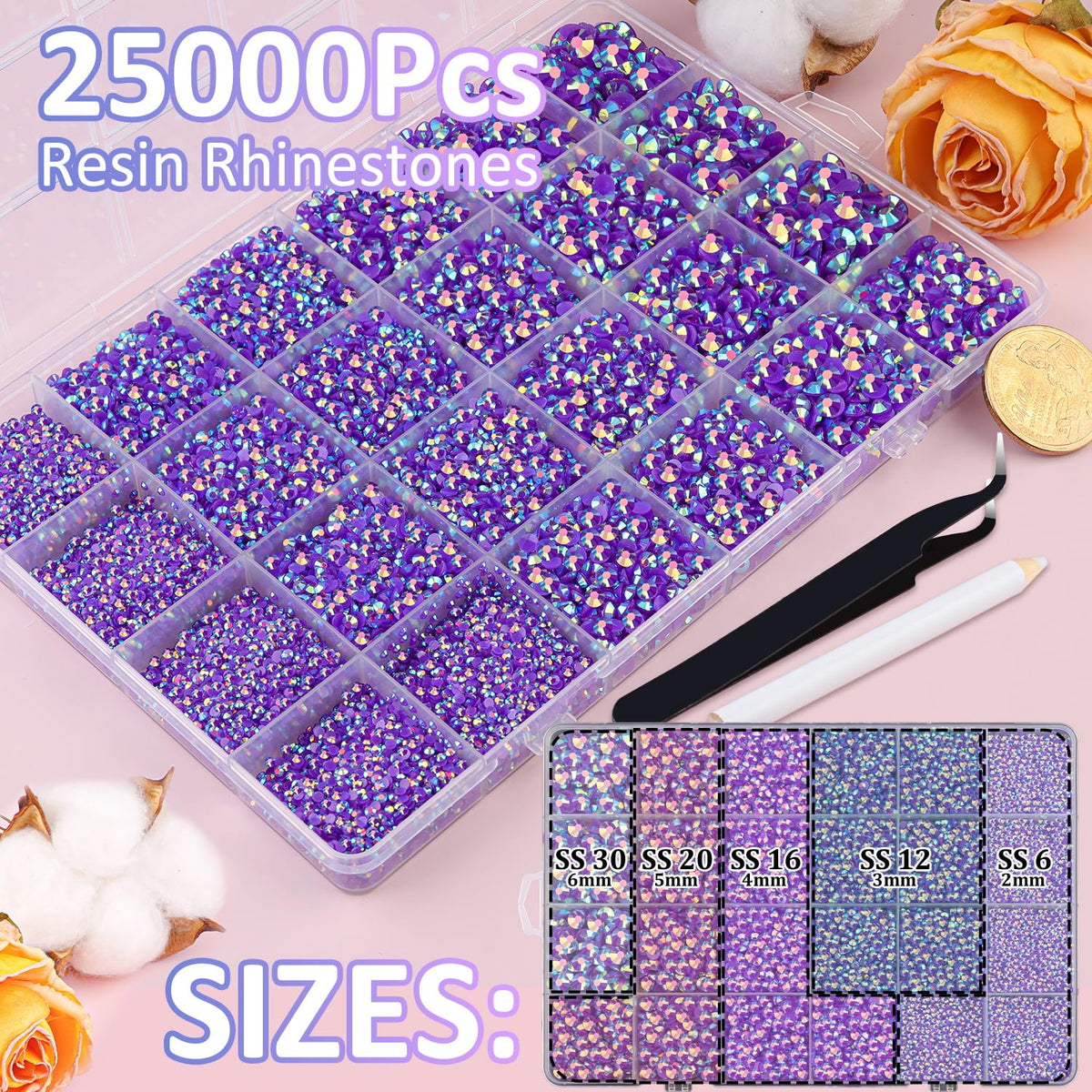 Close-up of TINKRSTUFF Dark Purple AB Rhinestones in various sizes