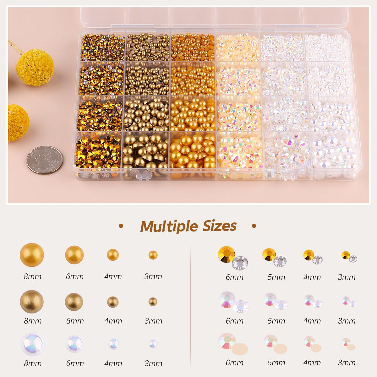 Close-up of TINKRSTUFF flatback pearls in various sizes