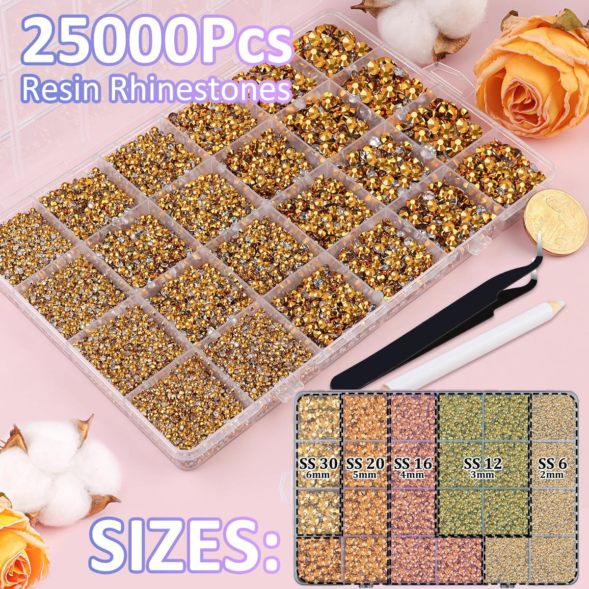 Close-up of TINKRSTUFF Gold Rhinestones with tweezers and pickup pen
