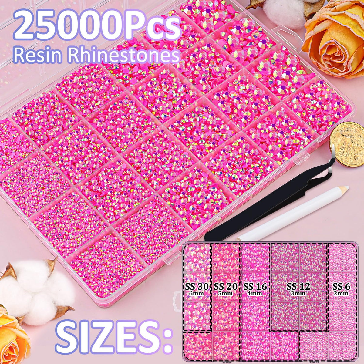 Close-up of TINKRSTUFF Hot Pink AB Rhinestones in various sizes