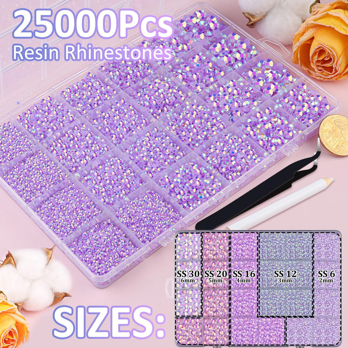 Close-up of TINKRSTUFF Lavender Purple AB rhinestones in various sizes