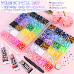 Close-up of TINKRSTUFF mixed-color resin rhinestones in storage box