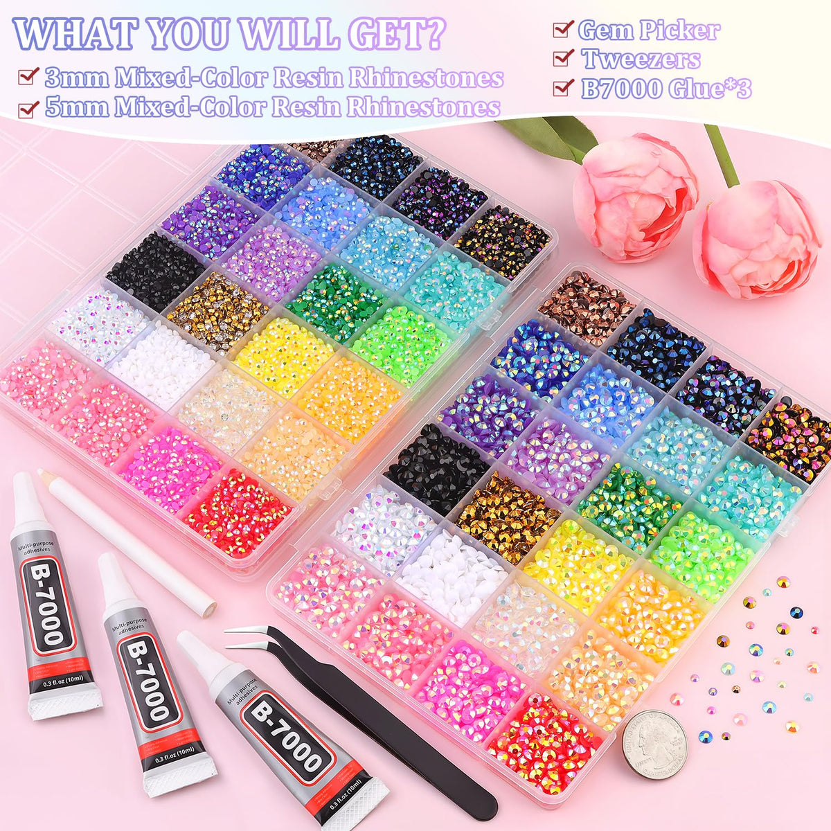 Close-up of TINKRSTUFF rhinestones showing vibrant colours