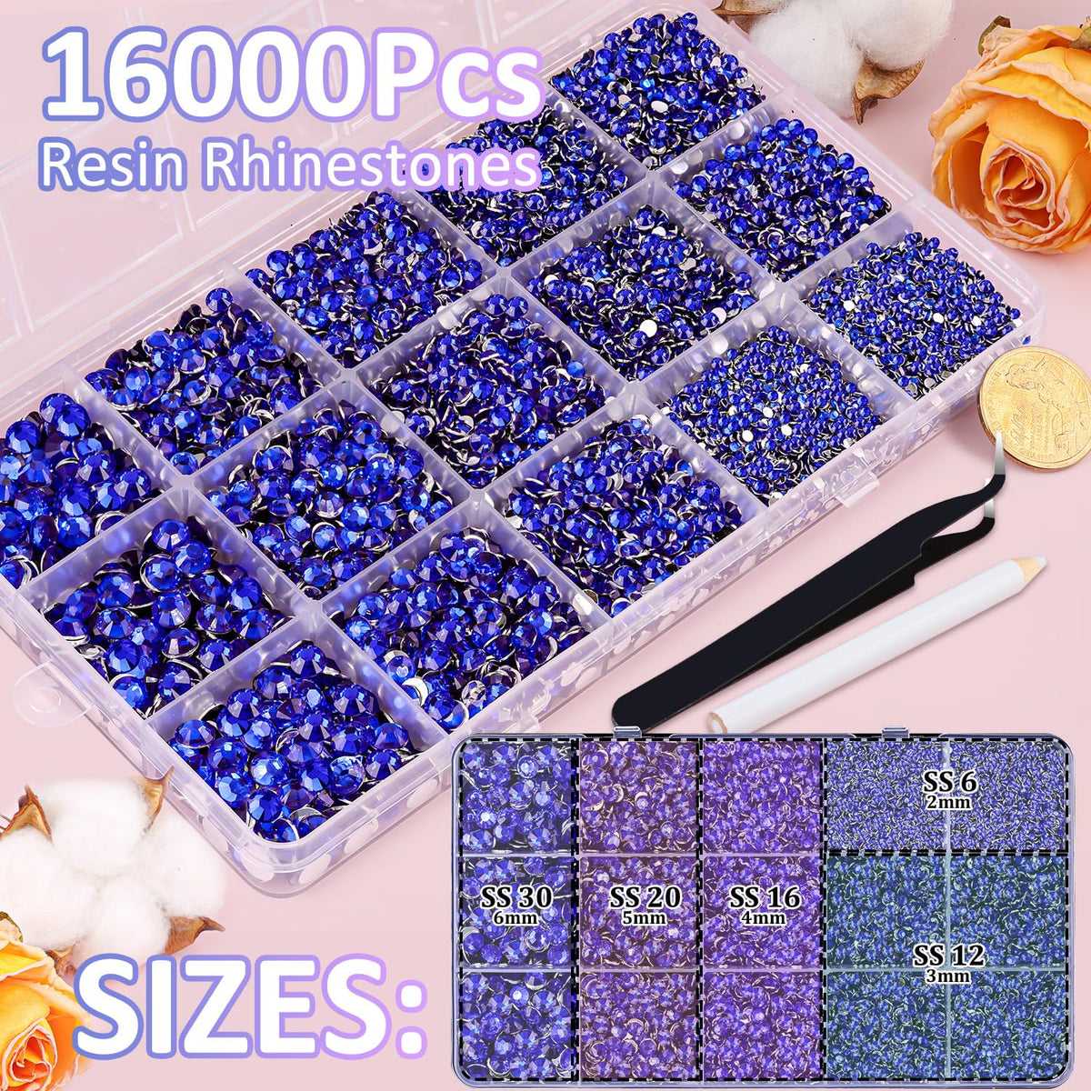 Close-up of TINKRSTUFF Royal Blue Rhinestones in various sizes