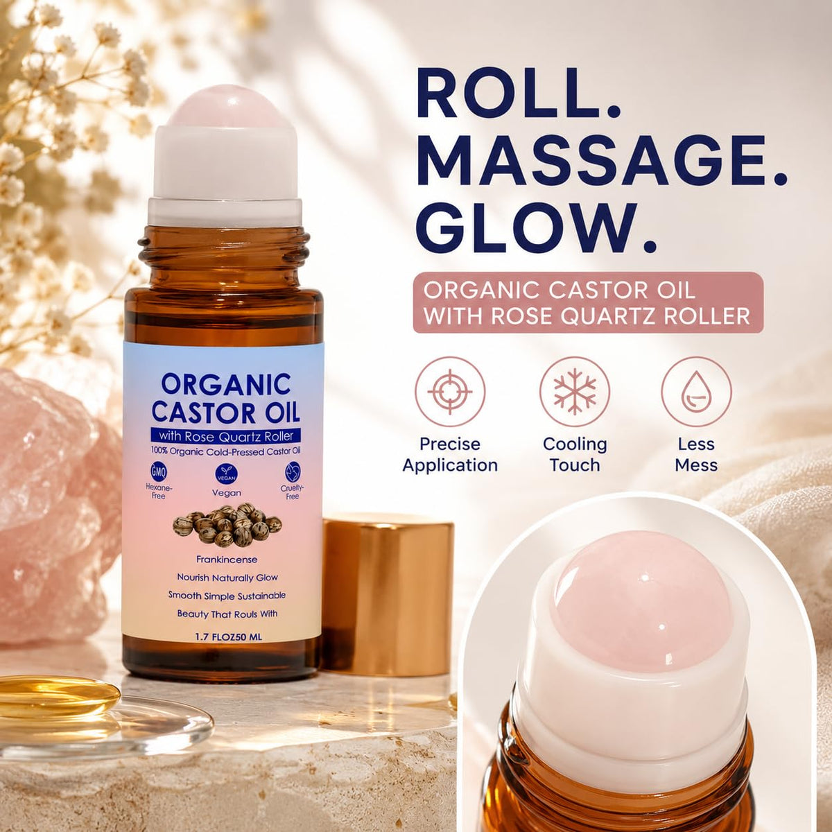Close-up of TOGOLIUN castor oil roll on bottle