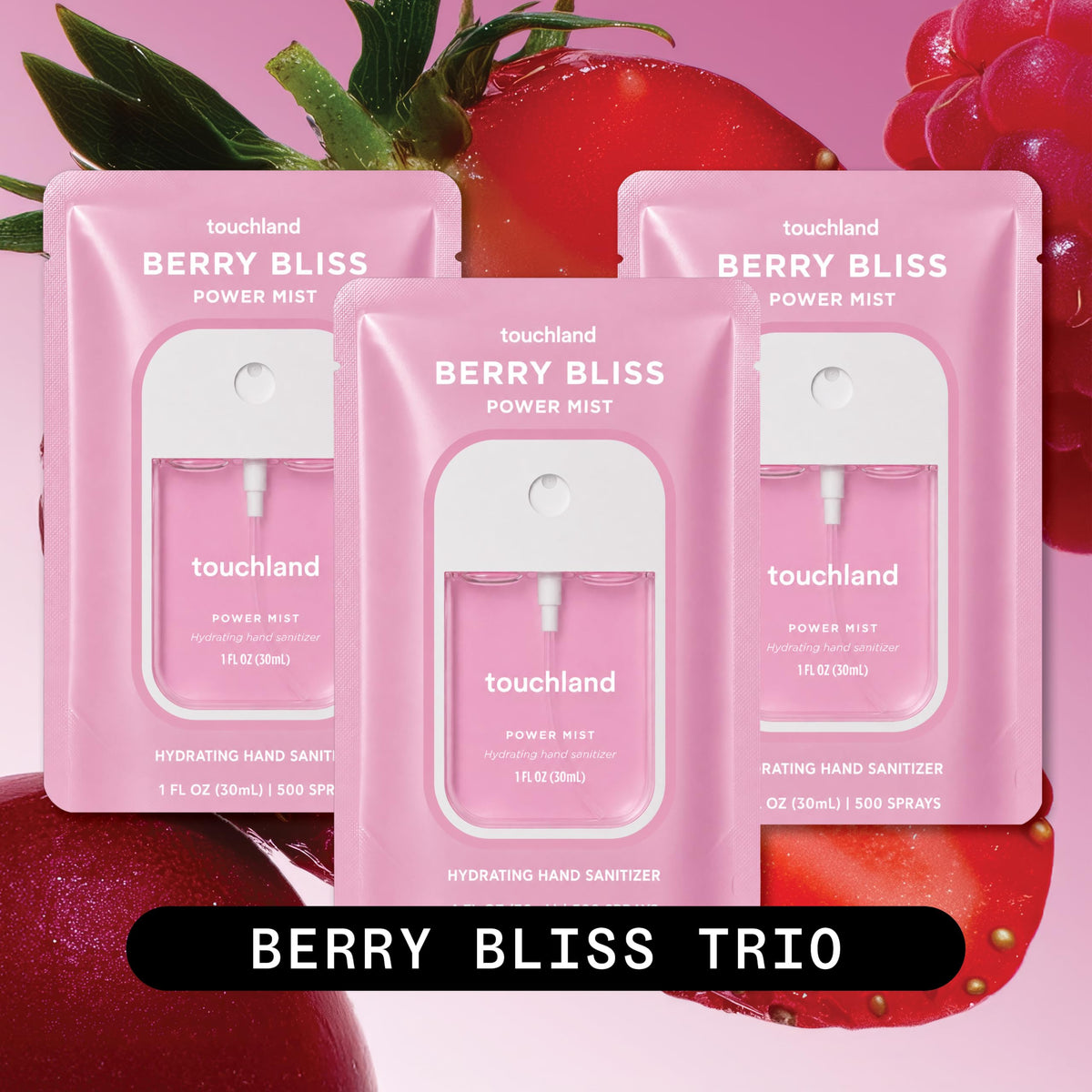Close-up of Touchland Berry Bliss hand sanitizer mist bottle