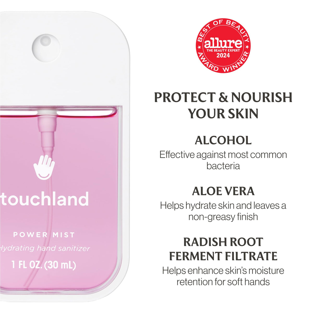 Close-up of Touchland Body & Hair Fragrance Mist spray nozzle