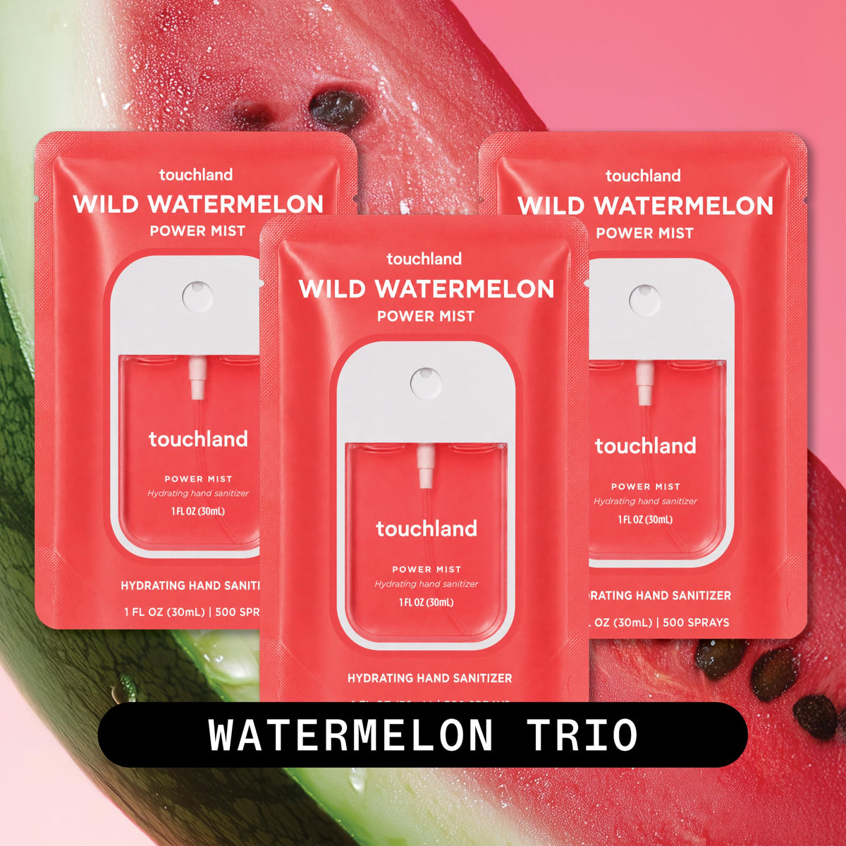 Close-up of Touchland Wild Watermelon hand sanitizer mist bottle