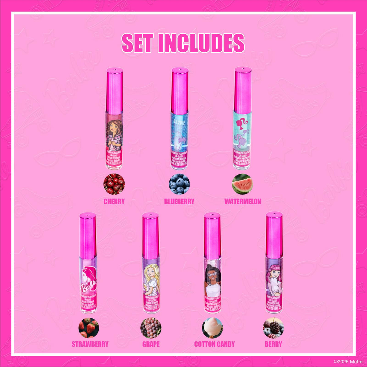 Close-up of Townley Girl Barbie lip glosses featuring cherry and bubble gum flavours