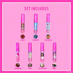 Close-up of Townley Girl Barbie lip glosses featuring cherry and bubble gum flavours