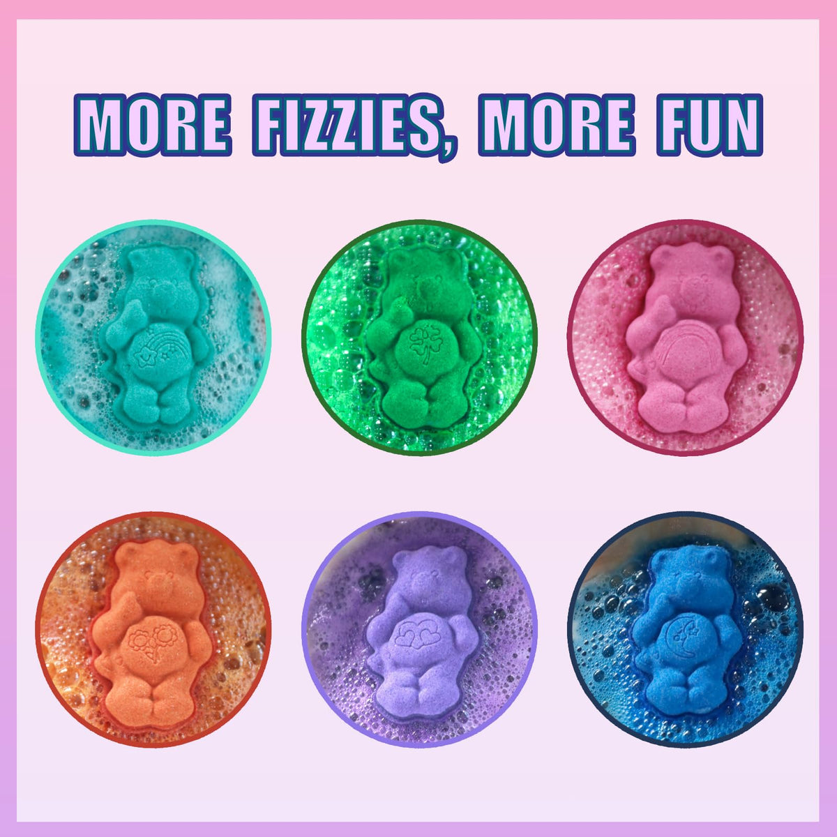 Close-up of Townley Girl bath bombs in various Care Bear shapes