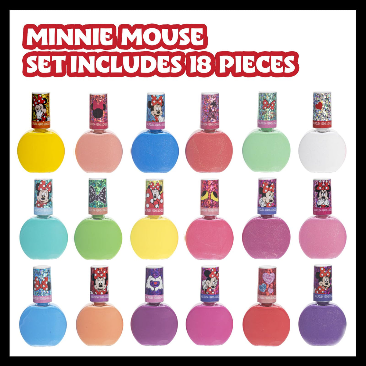 Close-up of Townley Girl Minnie Mouse Nail Polish bottles in various colours