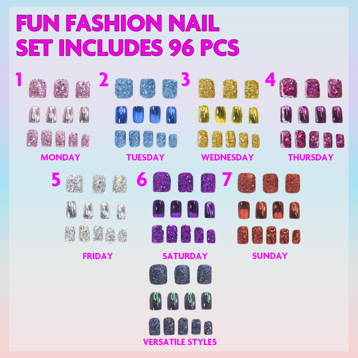 Close-up of Townley Girl Press-On Nails showing various designs